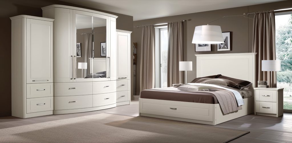 modern bedroom with white furniture, including a bed with a headboard, a large wardrobe with mirrored doors, and smaller cabinets with storage drawers.